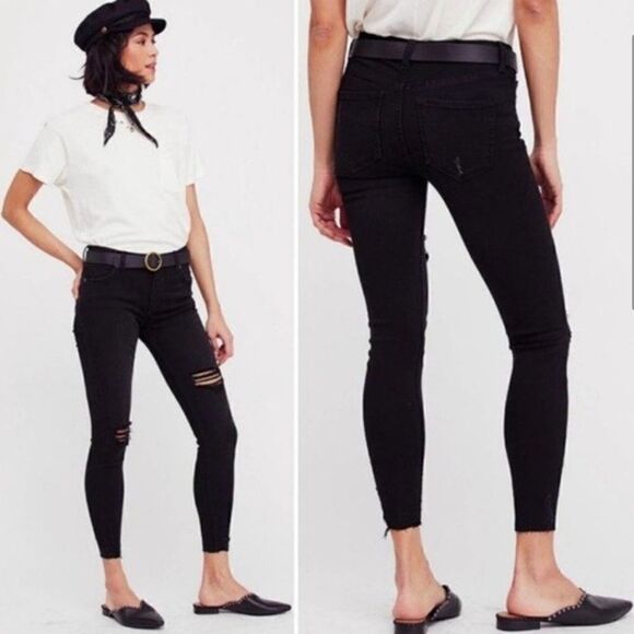 Free People Shark Bite Distress Raw Hem Skinny Jeans Black - Picture 13 of 13